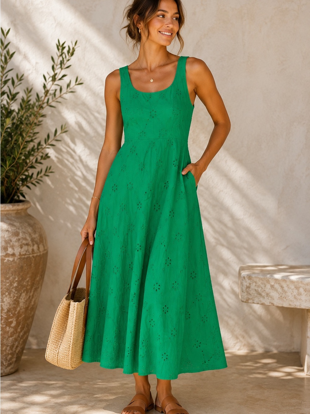 J. Crew Emerald Green Eyelet Scoop-Neck Maxi Dress